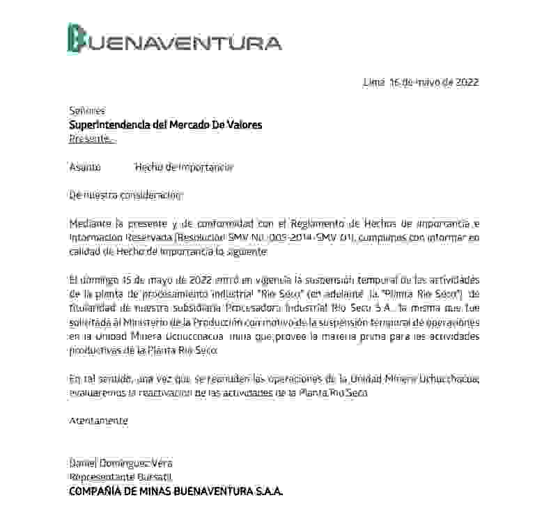 Buenaventura suspende Rio Seco